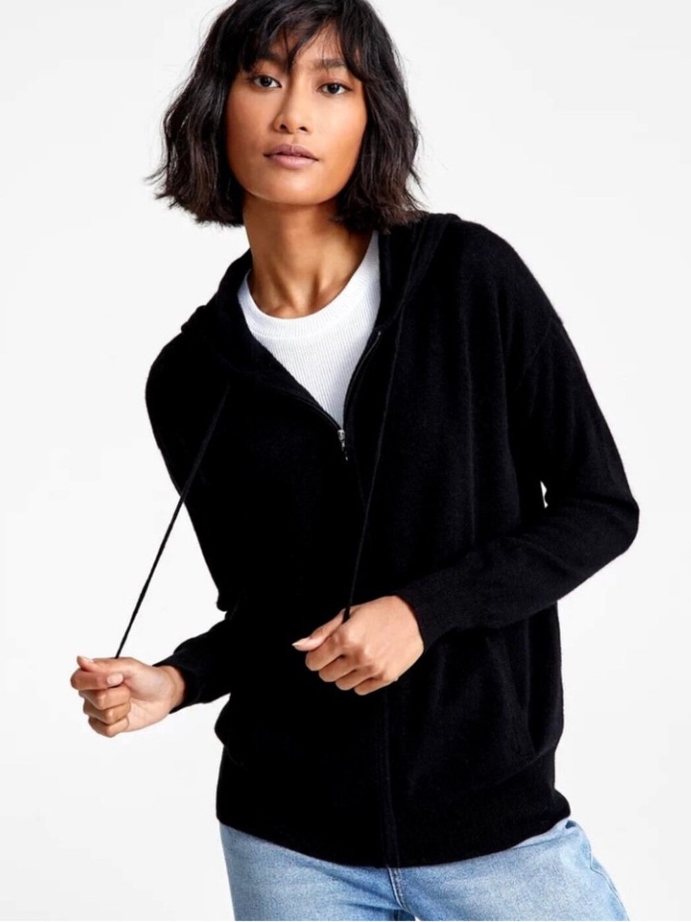Black Cashmere Zip Up Hoodie Cardigan Sweater - Picture 5 of 6